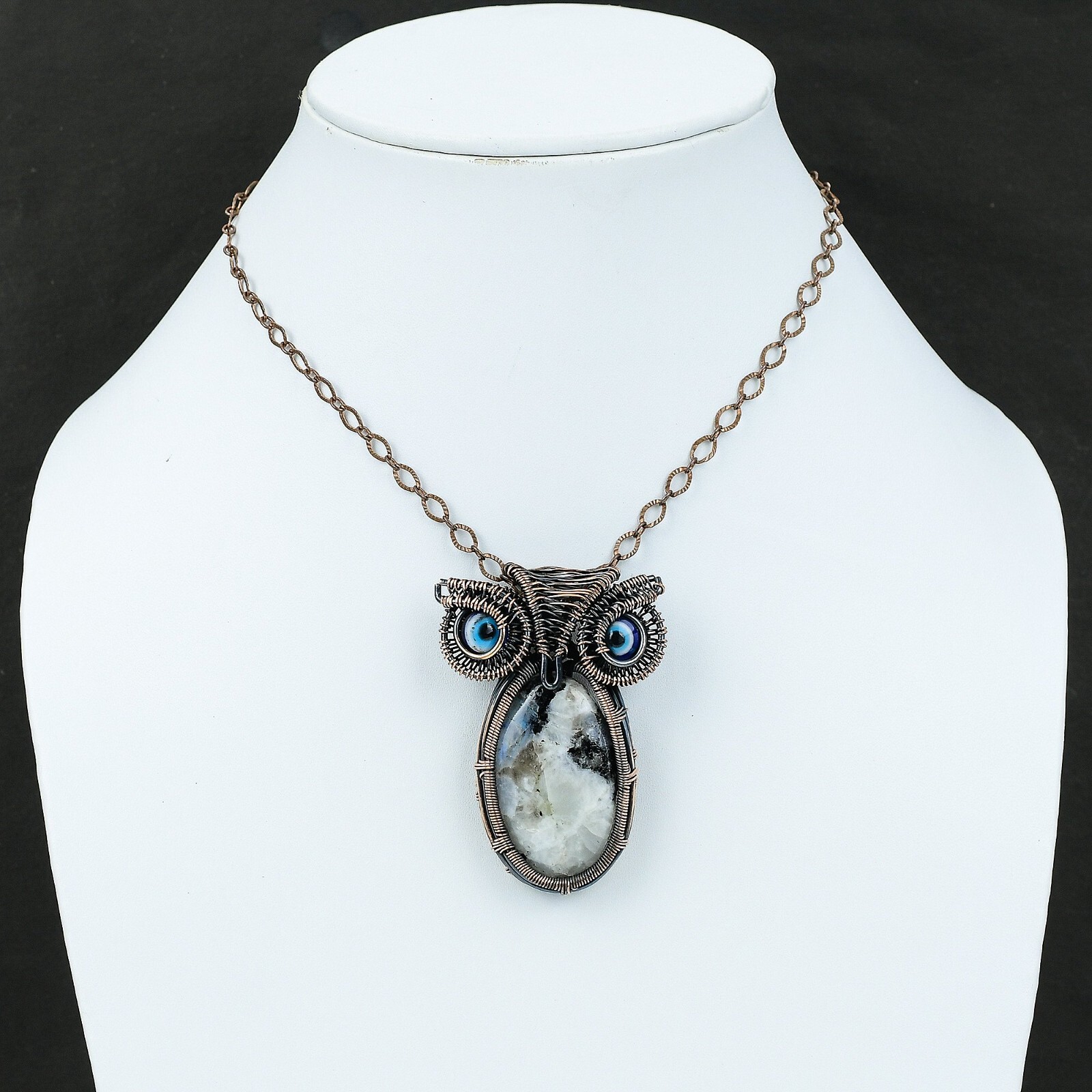 Rainbow Moonstone Wire Wrapped Owl Pendant Handcrafted Copper Unique Gift 2.36″