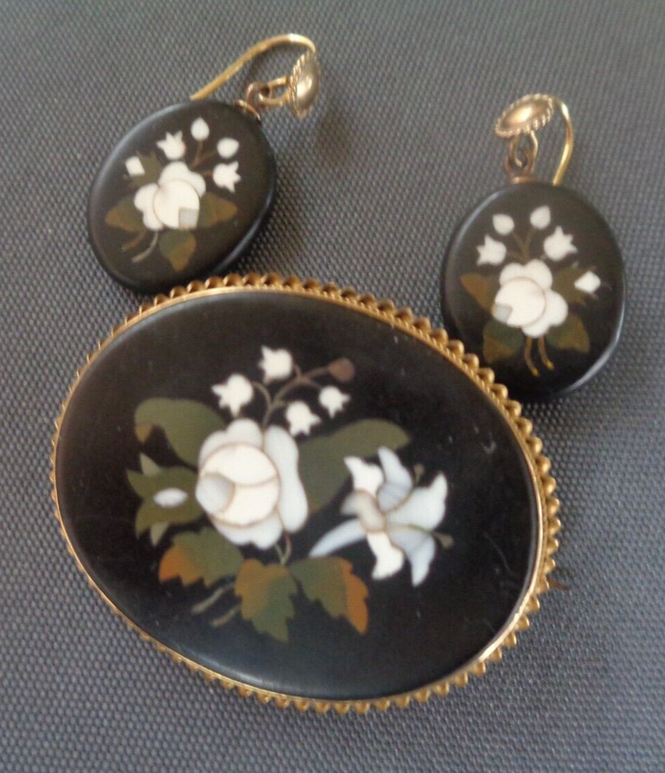 Pietra Dura Mosaic Booch Earrings Set Victorian Antique 15ct Gold Floral c1880s
