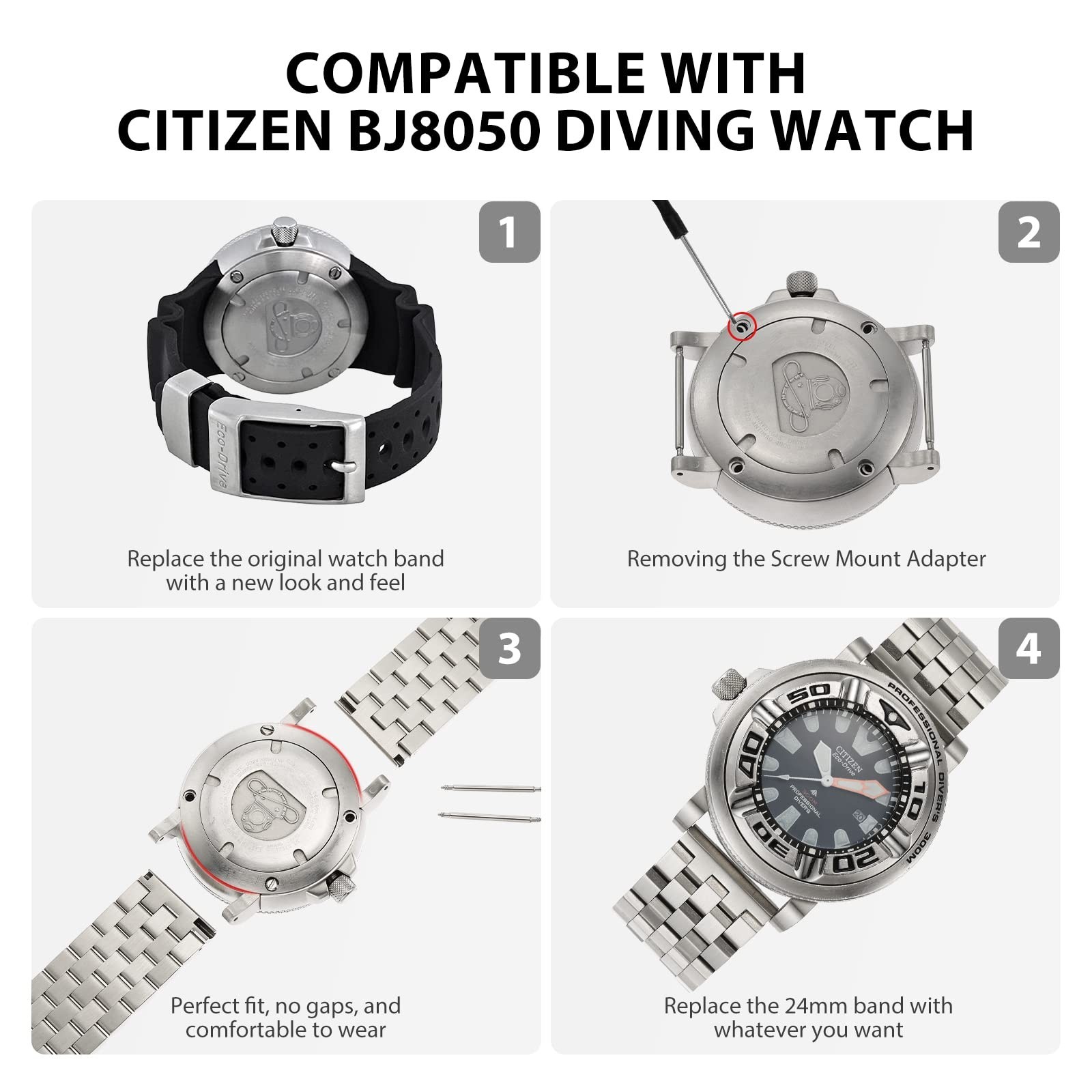 Silver Adapters & 24mm Band for Citizen Eco-Drive Promaster BJ8050 Dive Watch