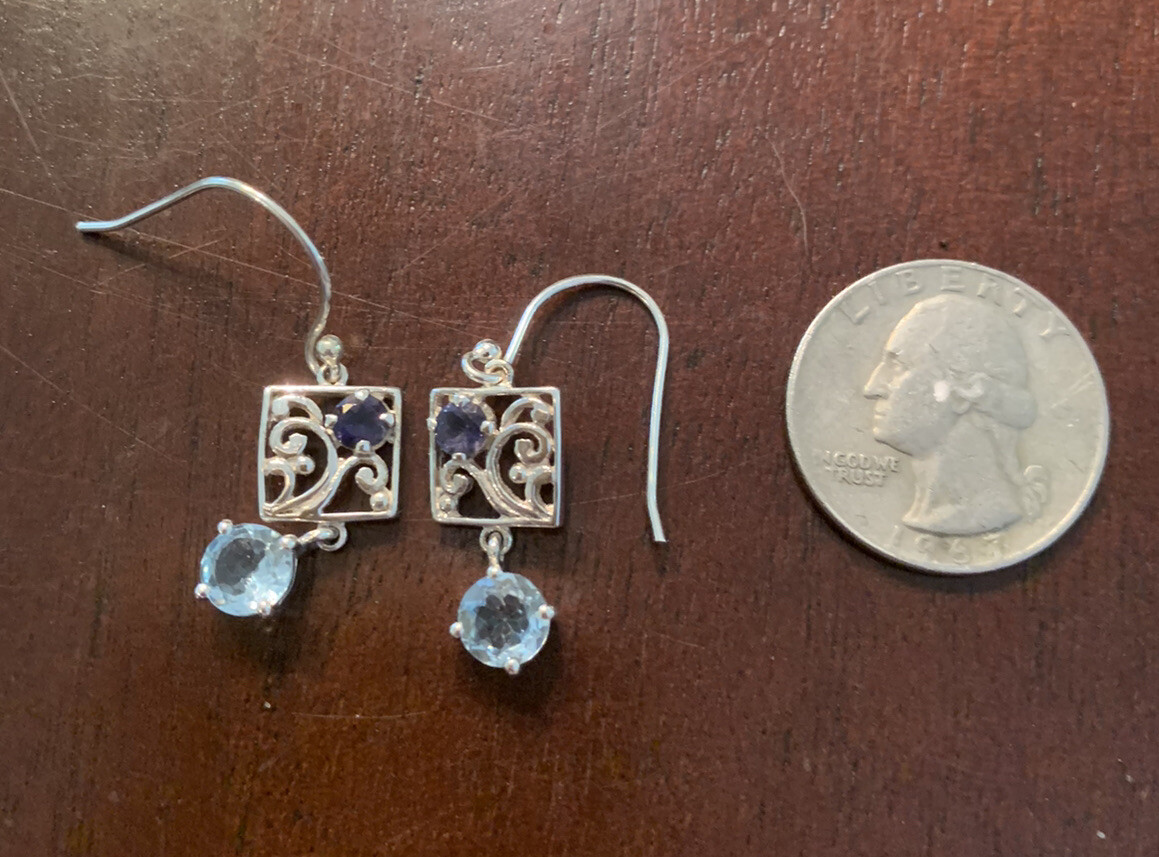 Iolite & Blue Topaz Art Deco Earrings, Sterling Silver, New