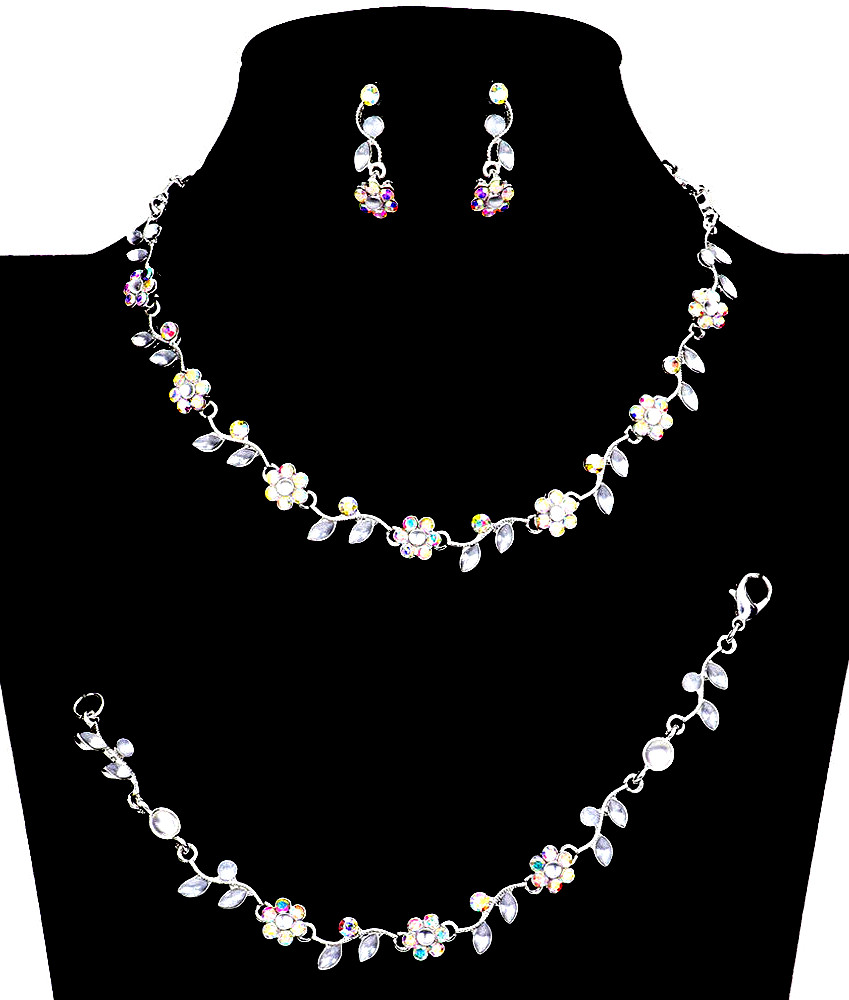 AB AURORA BOREALIS CRYSTAL FLOWER 3 PC, PROM FASHION NECKLACE JEWELRY SET
