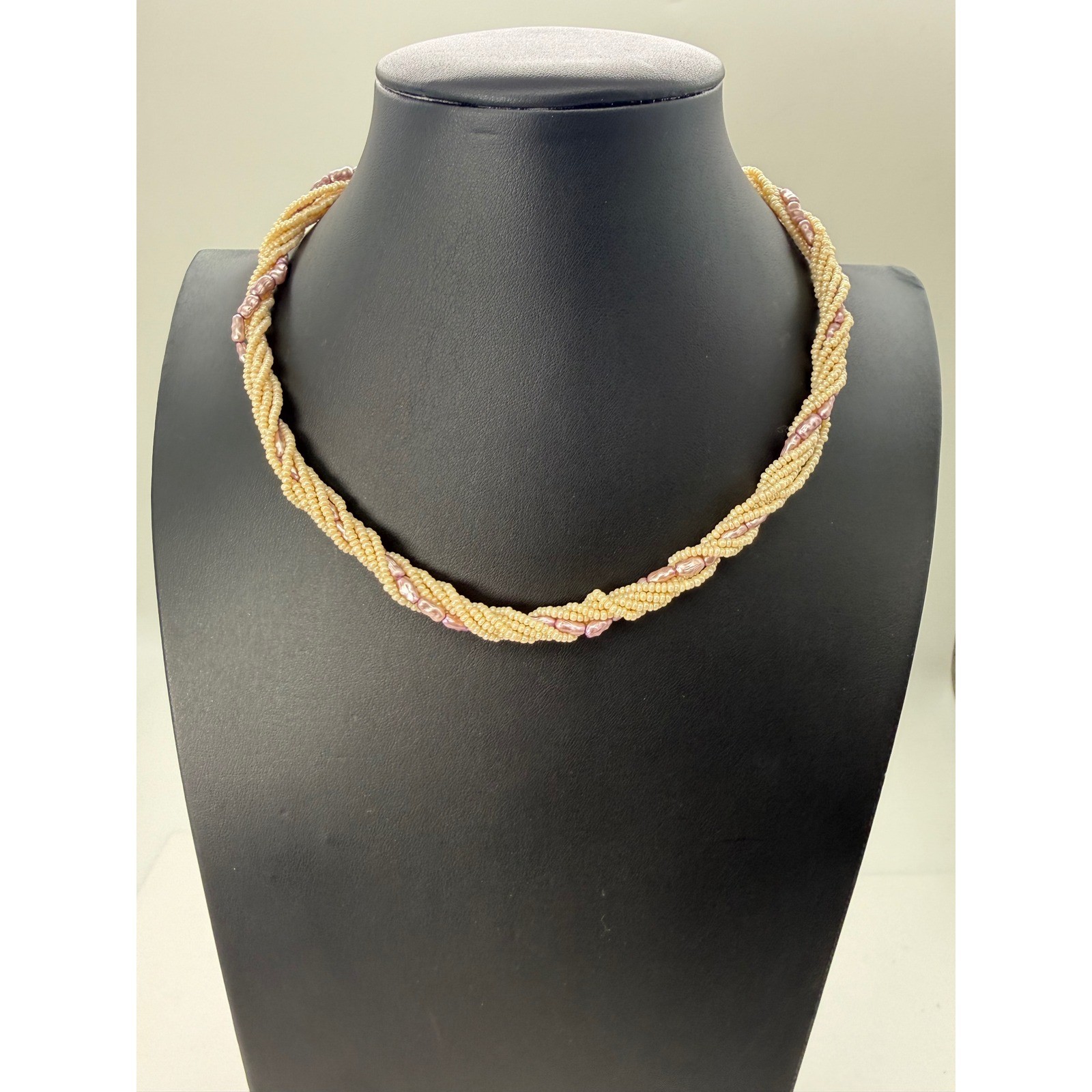 Vintage Style Multi Strand Twisted Seed Bead Mauve Faux Rice Pearl Necklace