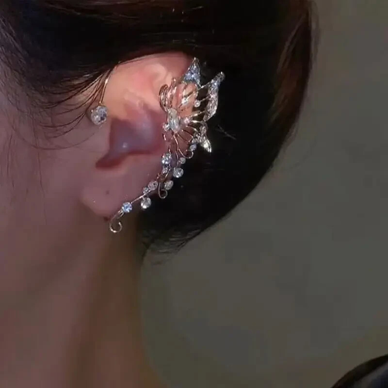 Fashion Women Silvery Zicron Inlaid Butterfly Sparkling Earrings Left Ear Cuff