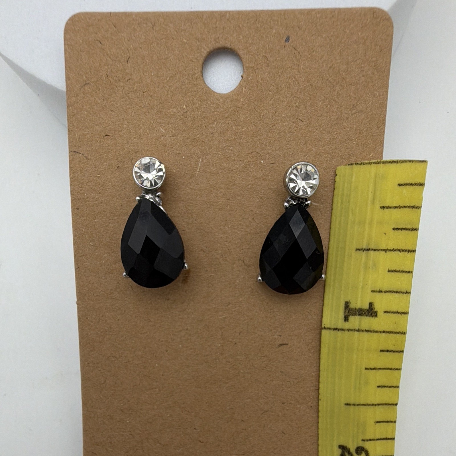 Silver Tone Black Teardrop Crystal Stud Drop Earrings Butterfly Closure .75”