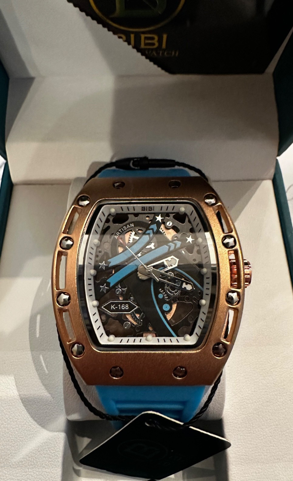 BIBI Luxury Skeleton Dial Qrtz Tonneau Rose Gold Case Turquoise Rubber Strap NIB