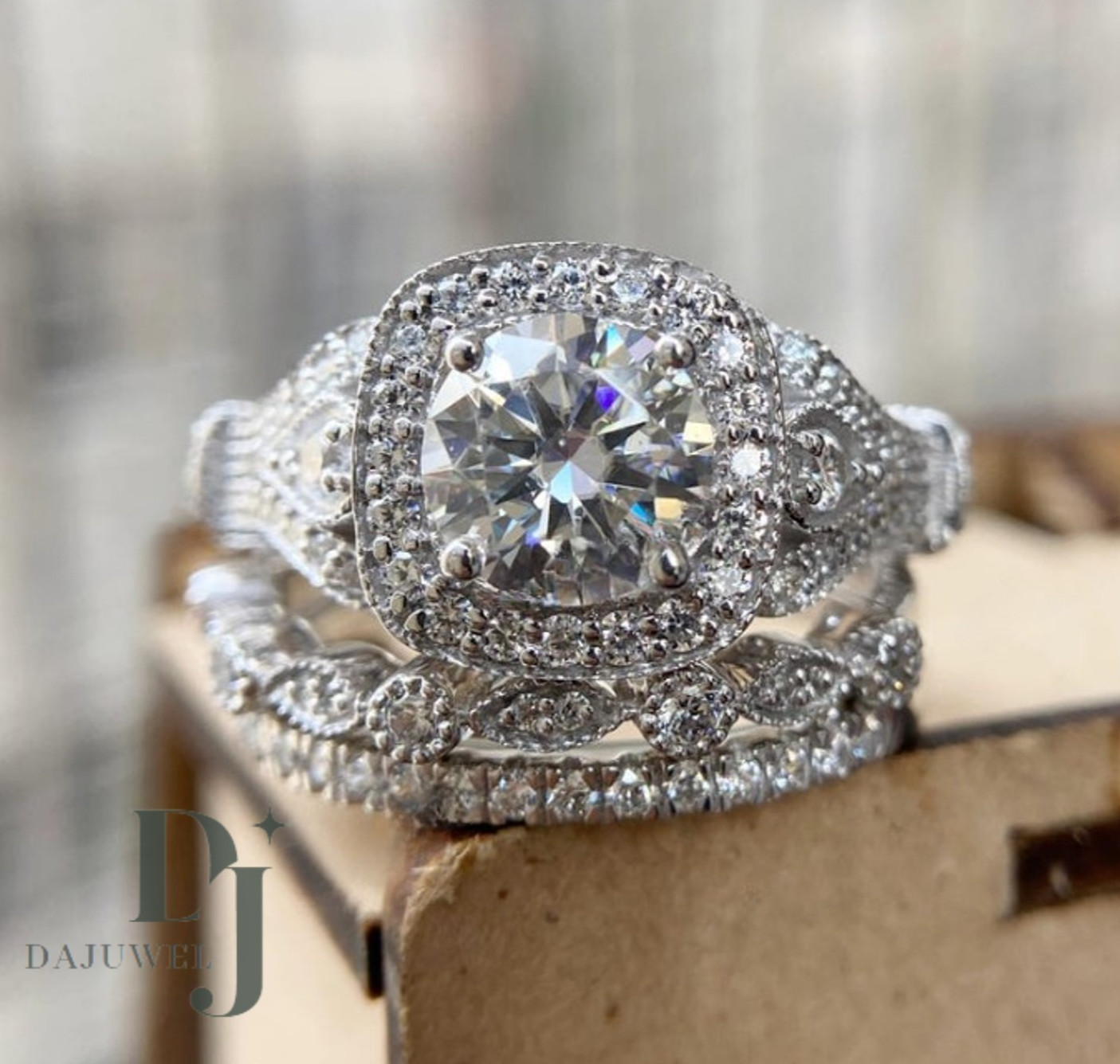 3.30 CT Round Cut VVS1 Moissanite Trio Set Engagement Ring Solid 14K White Gold