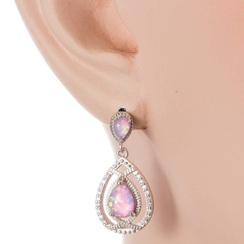 7×9 4×6 Pear Lavender Purple Fire Opal Cabochon Silver Drop Pierced Earrings