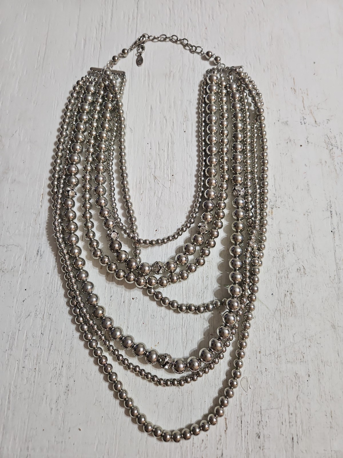 Touch of Style Necklace of 7 strands of Silver Beads, 36 inch long, Beautiful