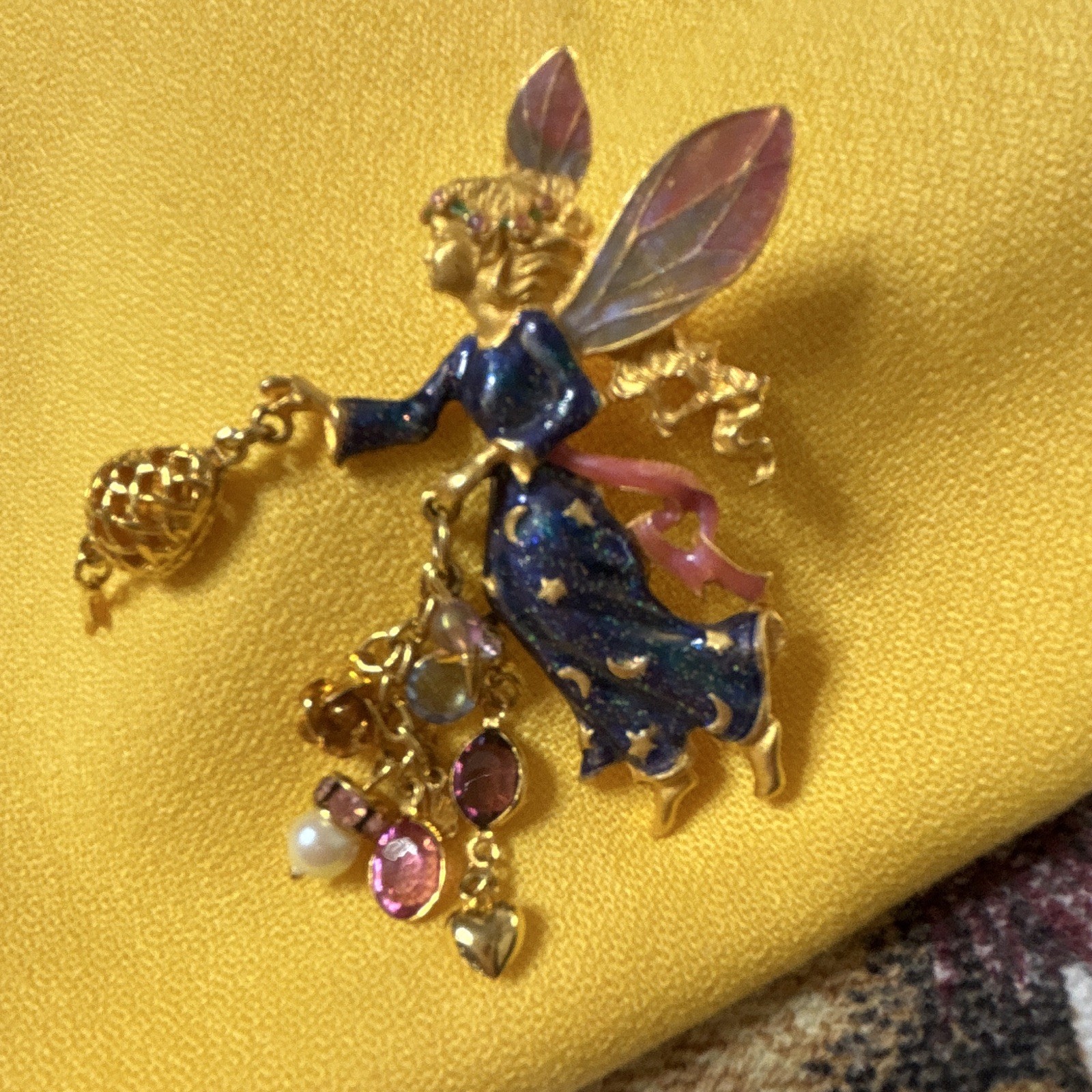 Gold Tone Enamel Fairy Brooch Pin w/ Pink Crystal Dangles, Blue & Pink