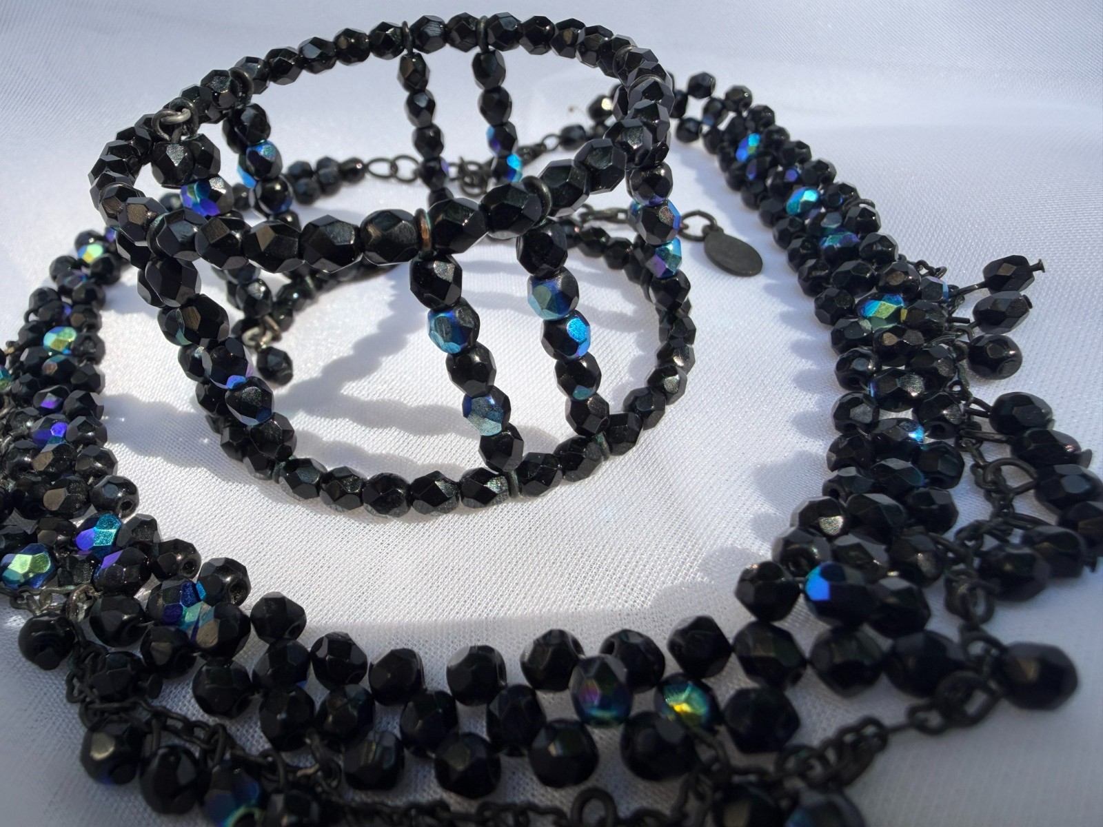 Vintage Robert Rose black iridescent necklace and cuff bracelet with AB finish