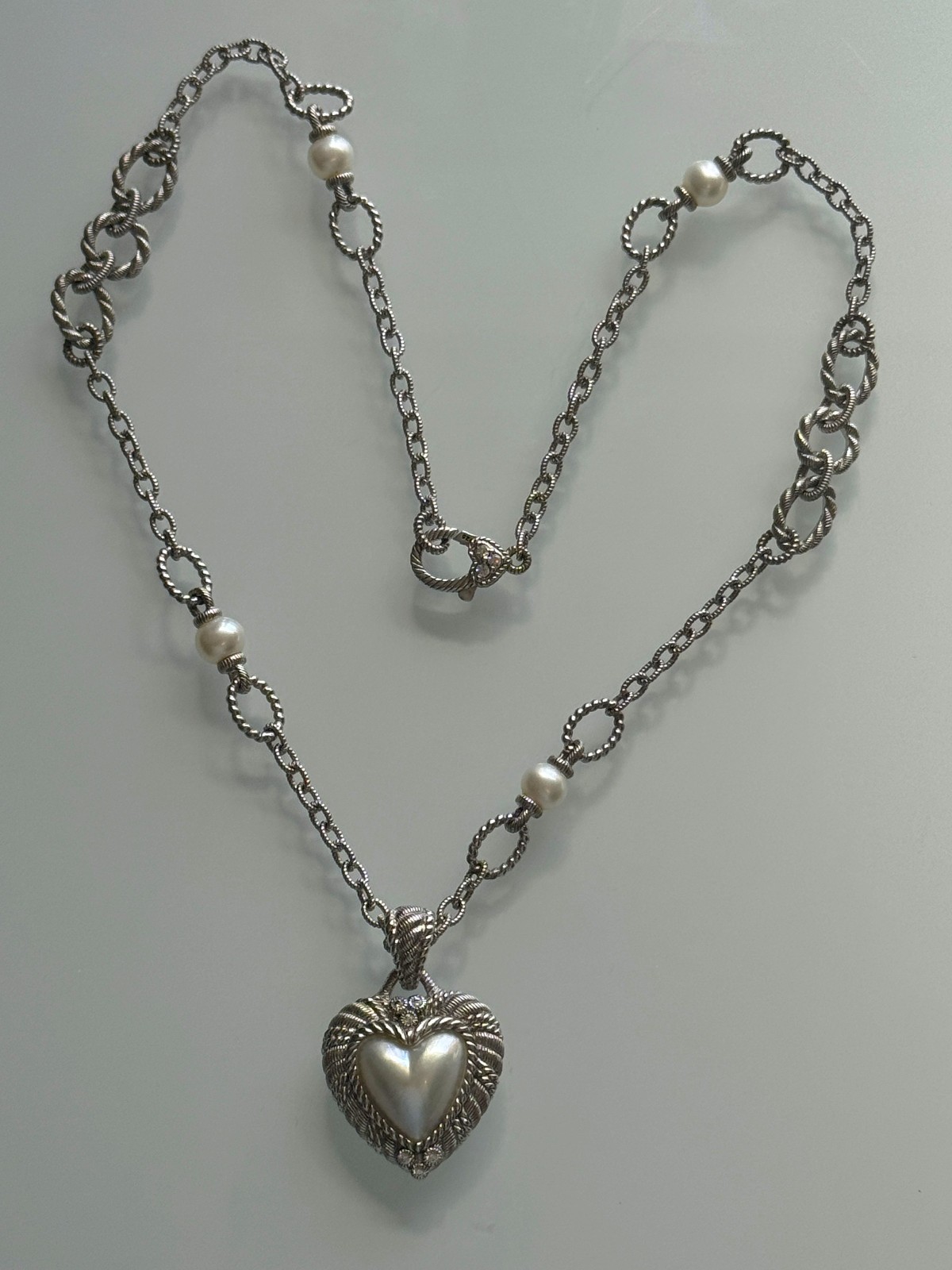 Judith Ripka 925 Sterling Silver MOP Heart Pendant & Station Chain Necklace