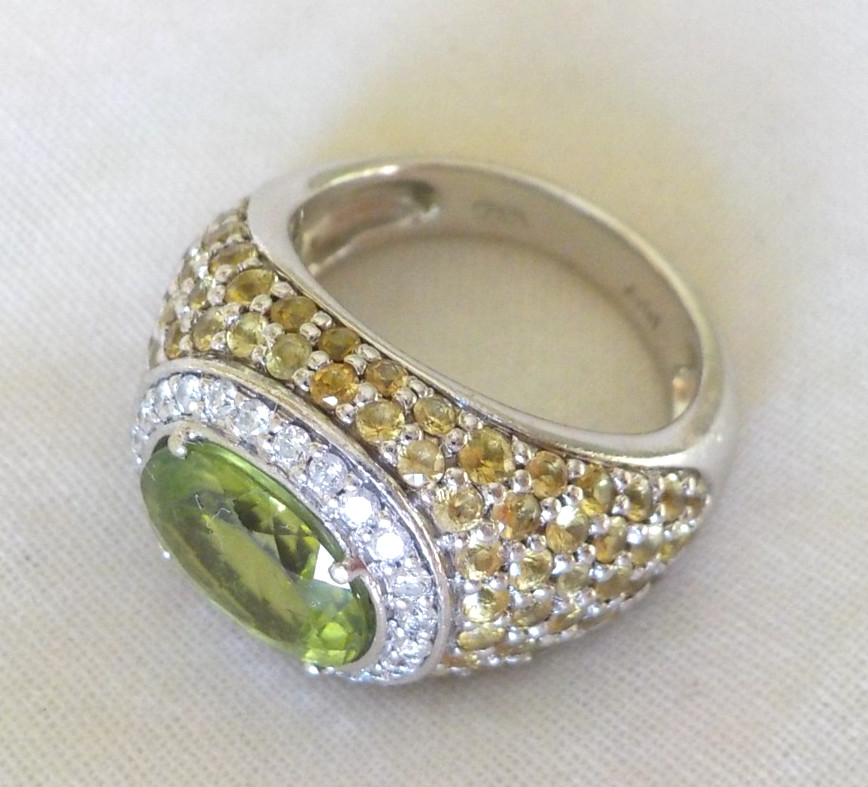 Heavy 18K White Gold Peridot Sapphire Diamond Ring – 12.6 gms, Sz 5.75, 4.90 ctw