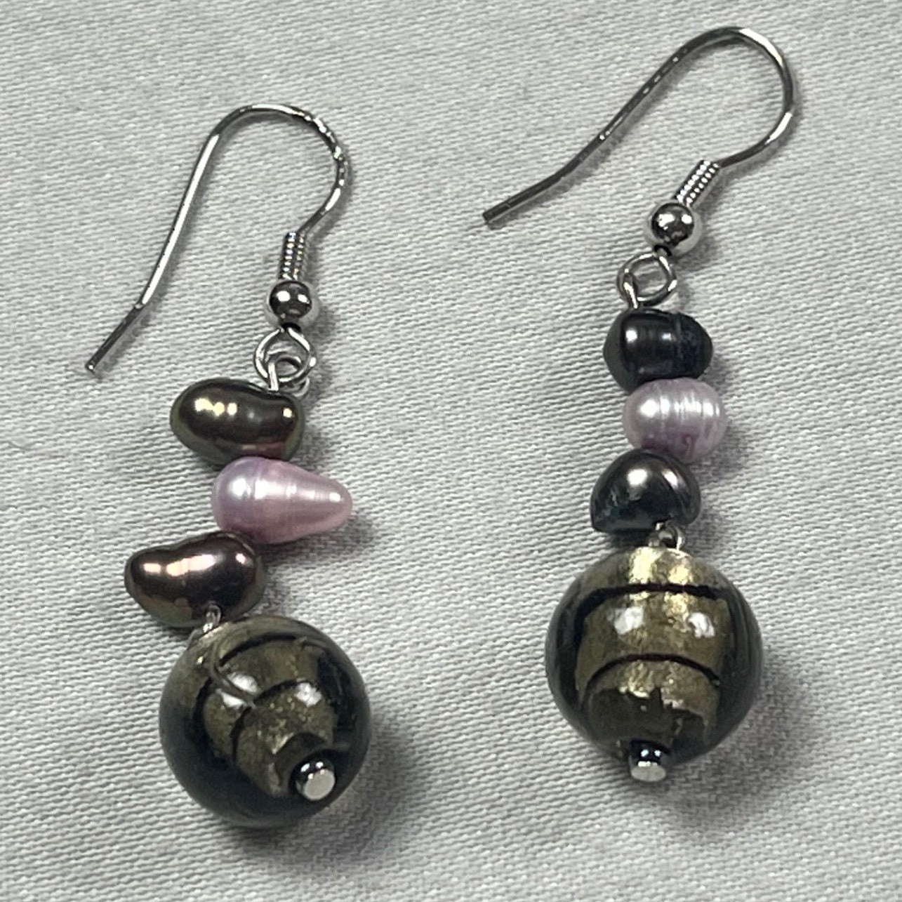 Handmade Freshwater Pearl & Gold Foil Lampwork Glass Drop Earrings Bronze Mauve