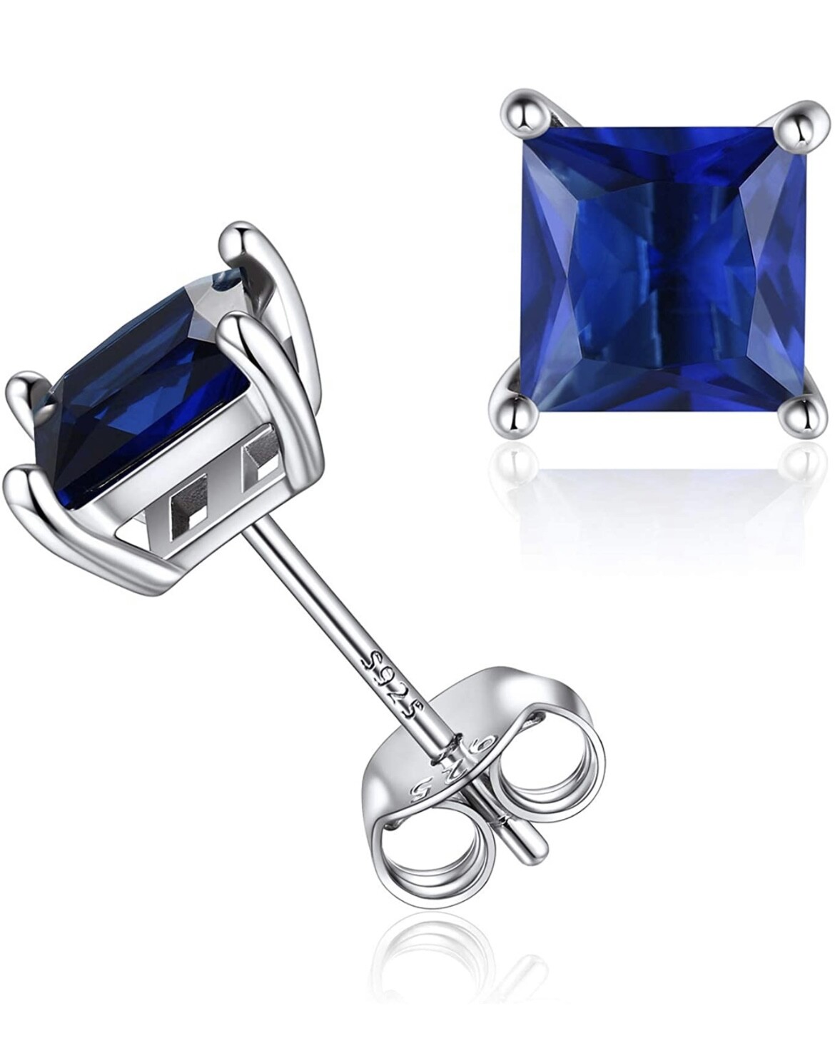 Sterling Silver Lab-Created Sapphire Princess Cut Square Studs Earrings UNISEX