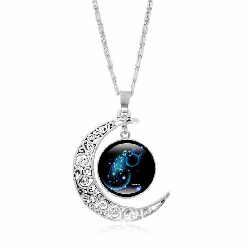 Moon Shaped Zodiac Sign Necklace Horoscope Astrological Pendant with 17″ Chain