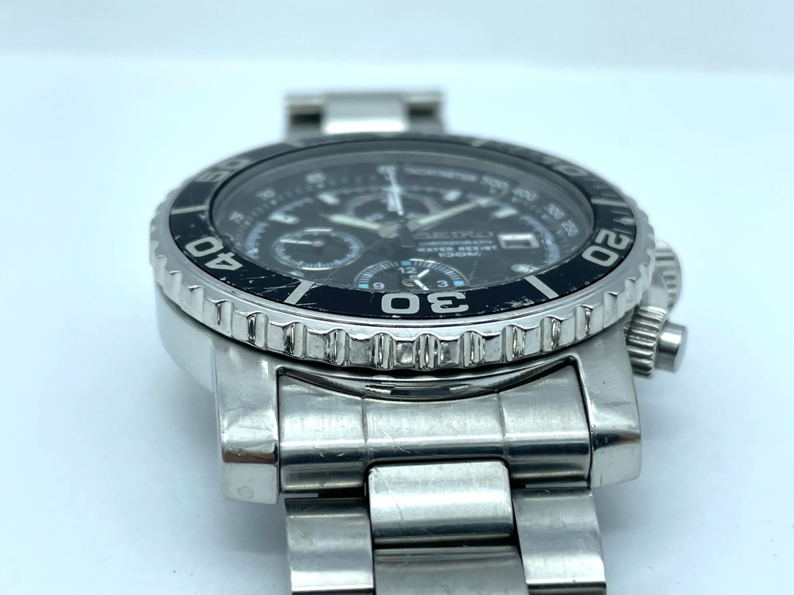 SEIKO Men’s Chronograph Watch Quartz Black Dial Alarm Band size 7.5in 7T62-0CV0