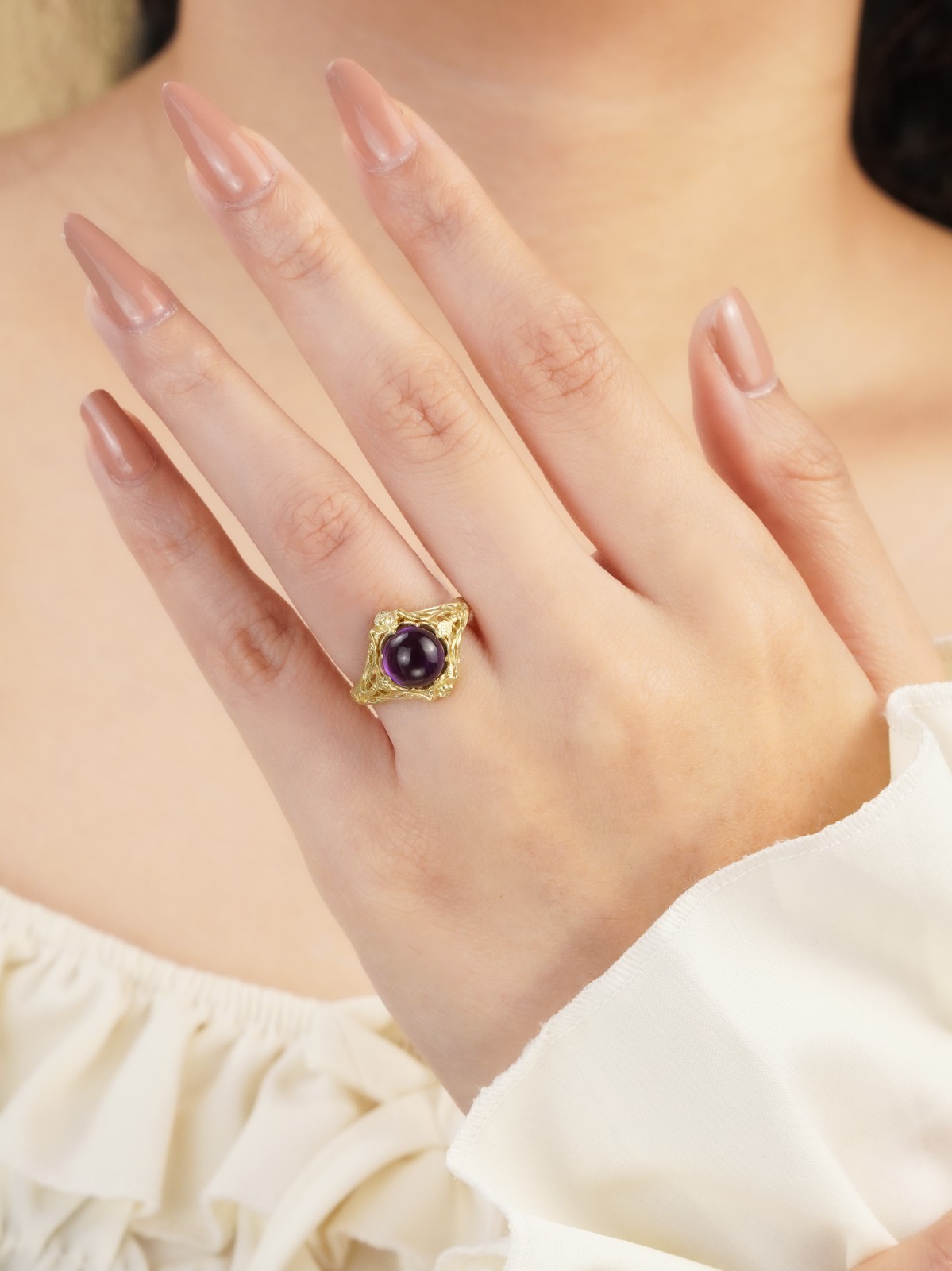 9K Yellow Gold Solid Natural Cabochon Amethyst Vintage Style Filigree Ring