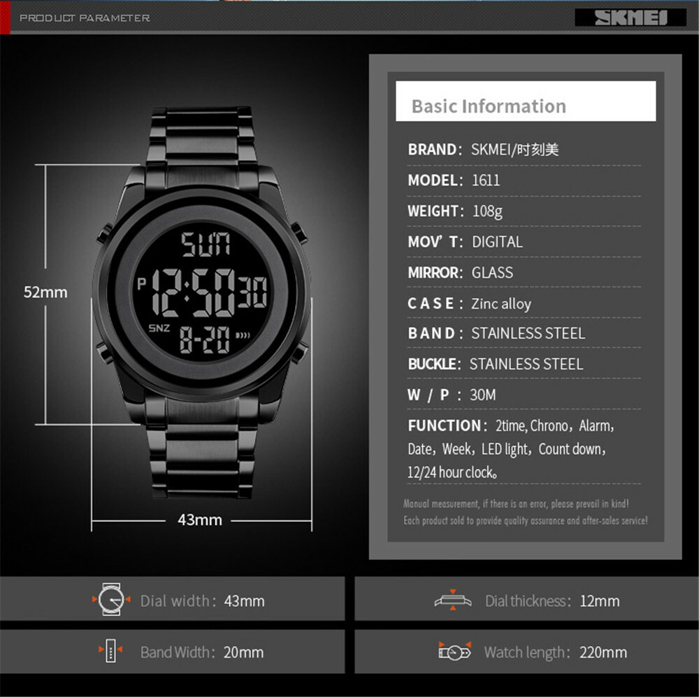 SKMEI Digital Men Watches Steel LED Wristwatch Male Electronic Alarm Watch Gifts