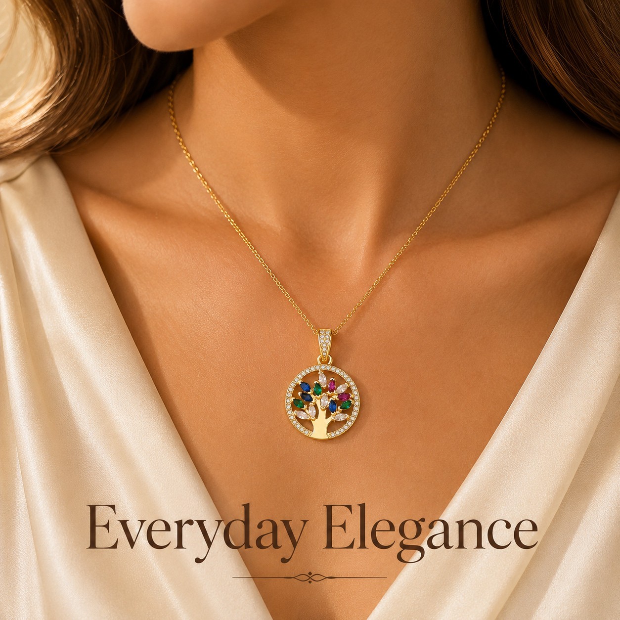 Tree of Life Necklace Women Gold Tone Stainless Steel Pendant Colorful Stones