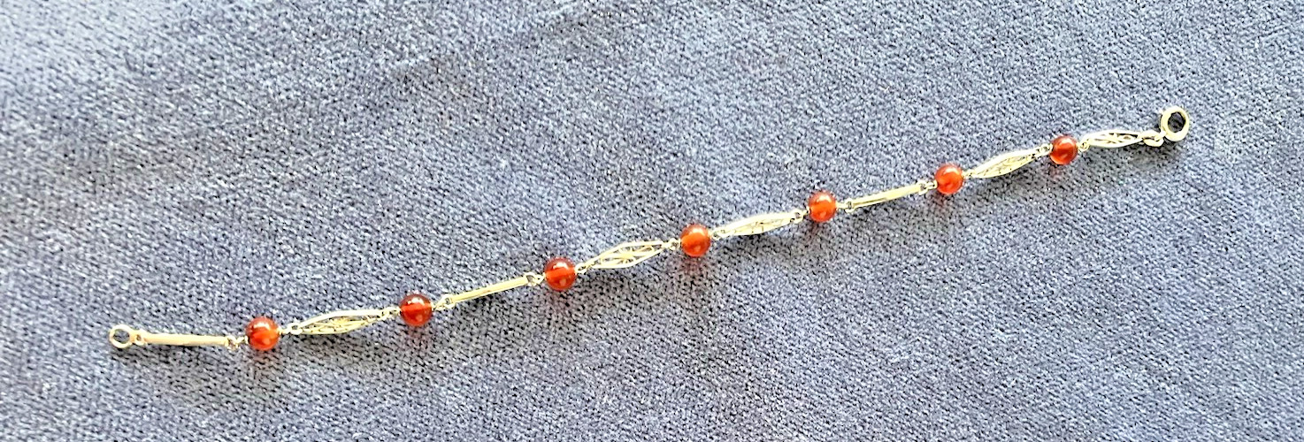 Dainty 10K White Gold Spessartine Garnet Bead Filigree Link Bracelet Vintage
