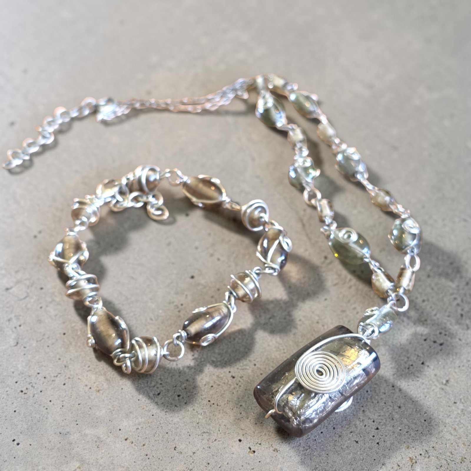 Artisan Glass & Silver Tone Set Necklace 42–47cm Bracelet 21–25cm Boho Handmade