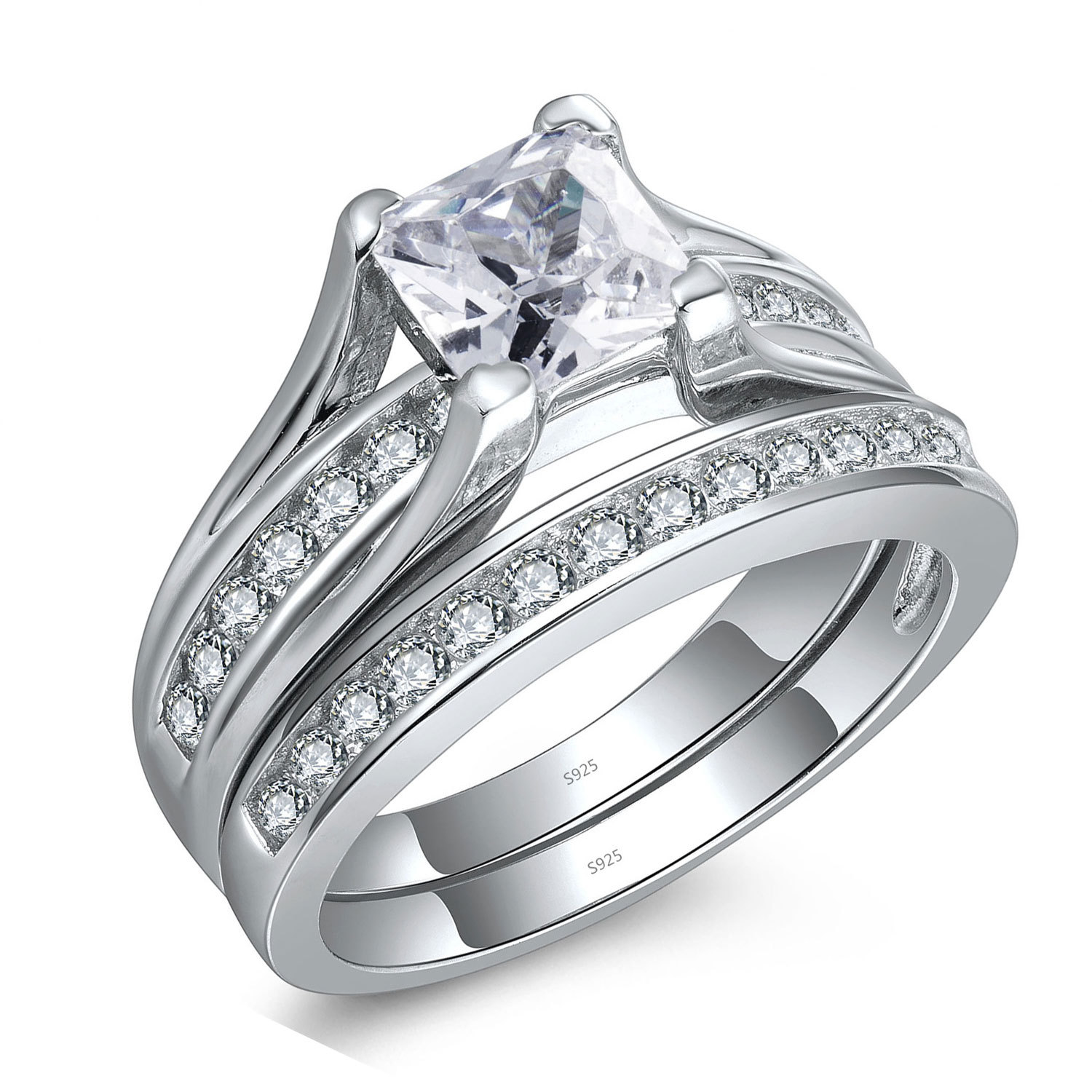 925 Sterling Silver Women’s Wedding Band Princess CZ Bridal Engagement Ring Set