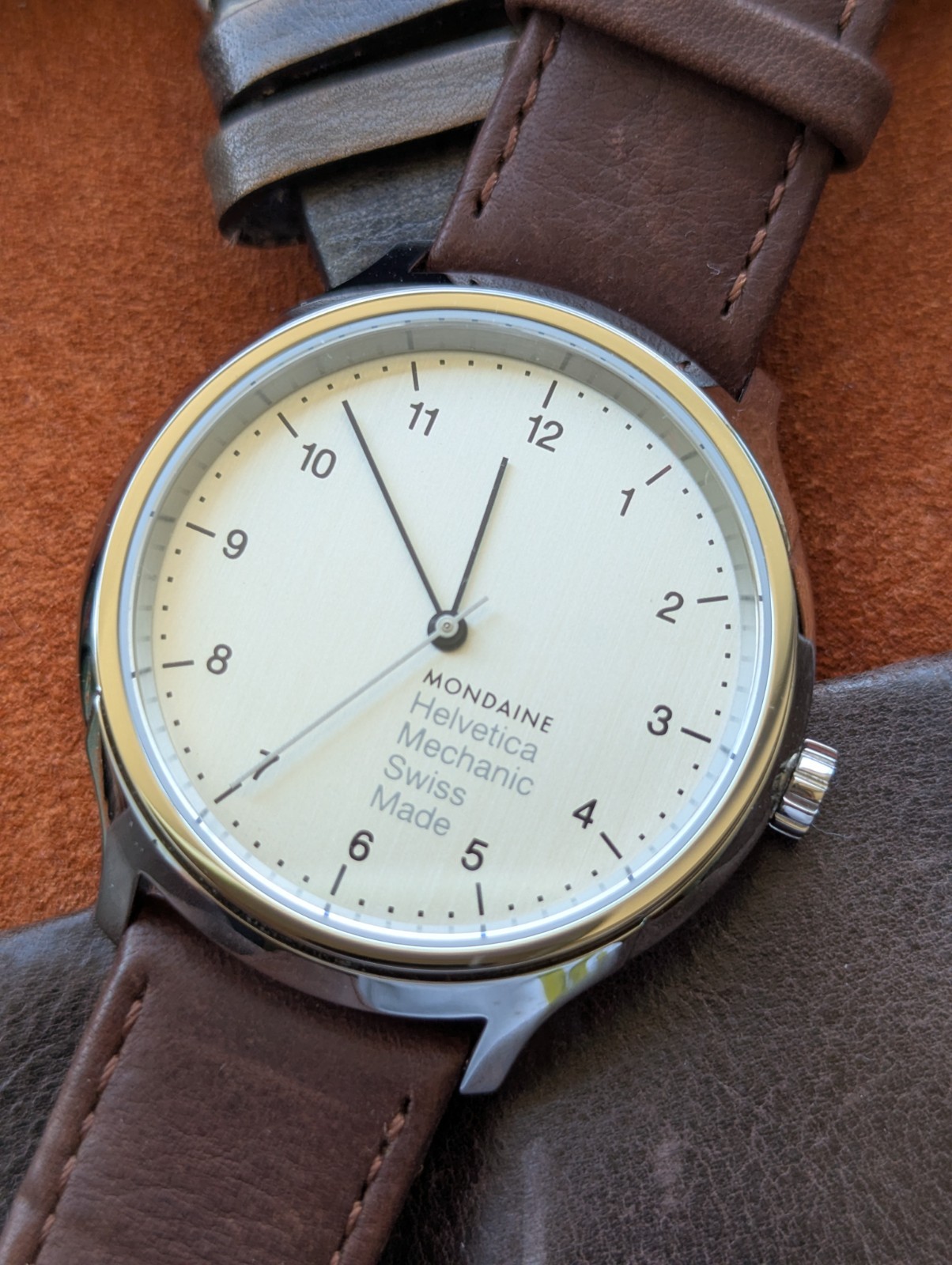 New unworn Mondaine Helvetica Manual Wind Watch MH1.R3610.LG, Sellita SW210 movt