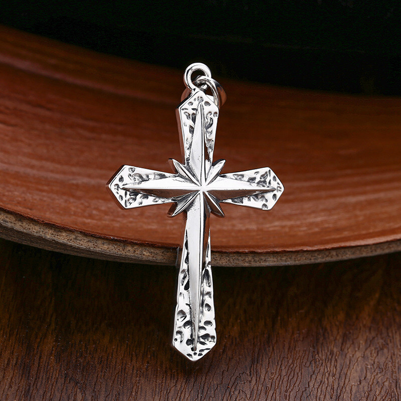 S925 Silver STARBURST CROSS Pendant Textured Hammered Mens Large HEAVY 16g