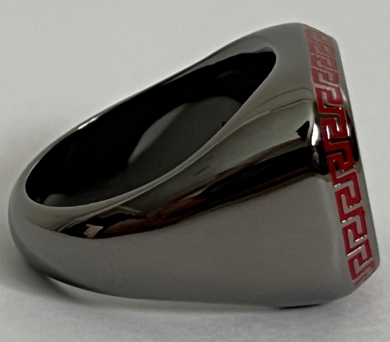 NIB Versace Varsity Red V Greek Key Logo Ruthenium Signet Ring Sz 17 US 8 $495