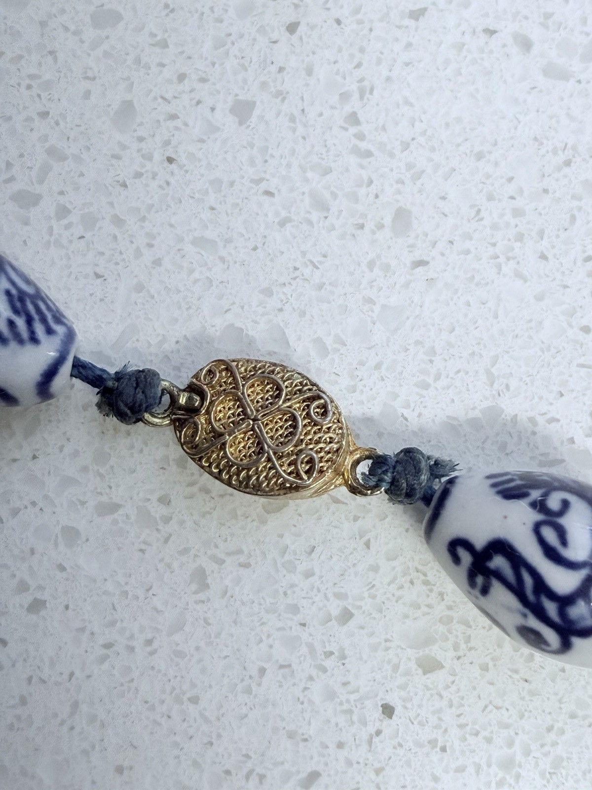VTG Chinese Hand Knotted Blue White Painted Porcelain Lg Bead Necklace Floral