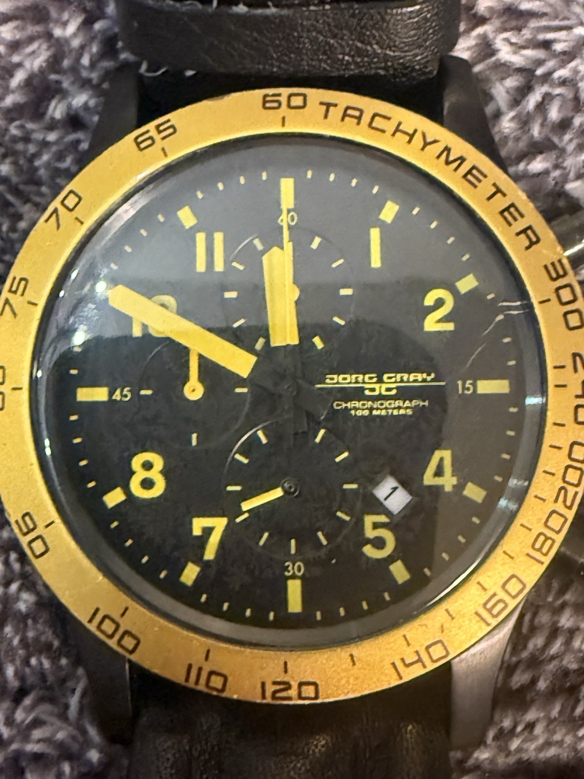 Jorg Gray Wristwatch Chronograph Black Yellow Dial Tachymeter Leather Quartz
