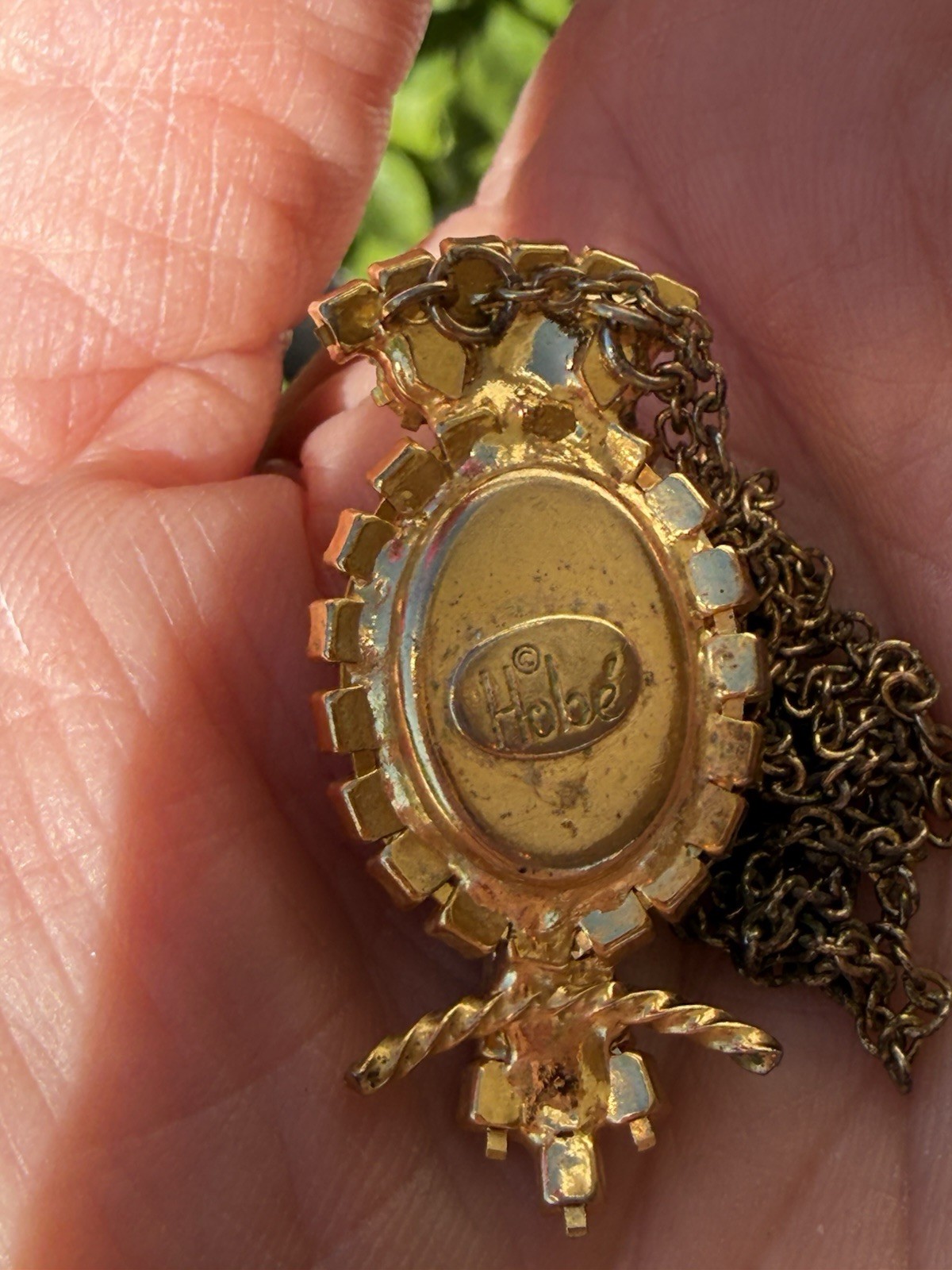 Vintage Gold Tone Signed Hobe Pink Jelly Belly Crystal Owl Pendant & Necklace
