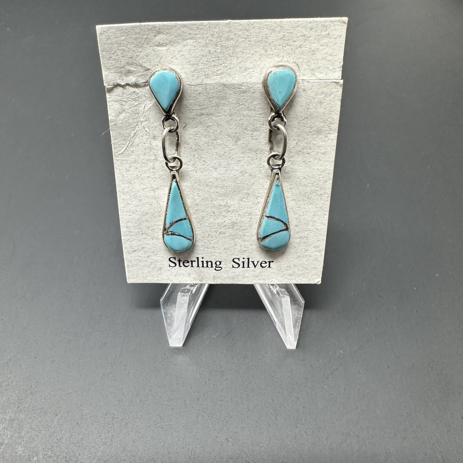 N A 925 Sterling Silver & Inlaid Turquoise Post Dangle Drop Earrings