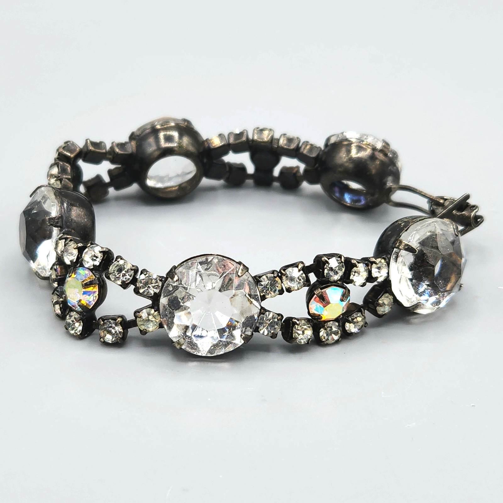Vintage Unsigned Molded Glass and AB Chaton Rhinestone Japanned Bracelet 7”