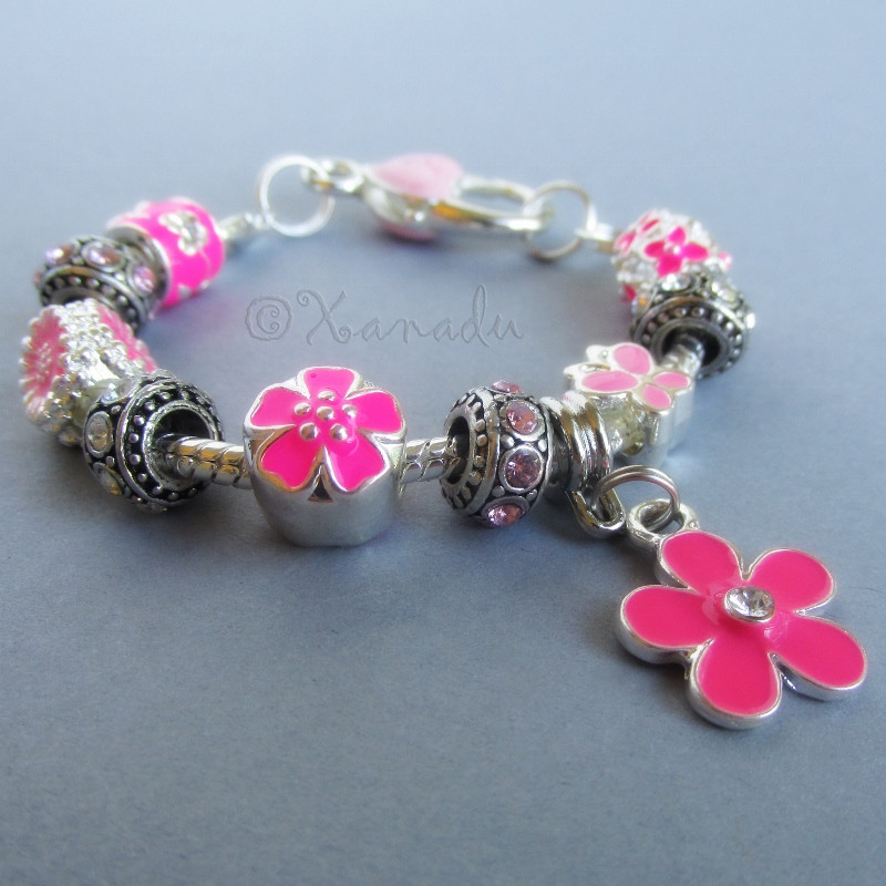 Pink Flower Garden European Charm Bracelet With Pink And Fuchsia Floral Beads