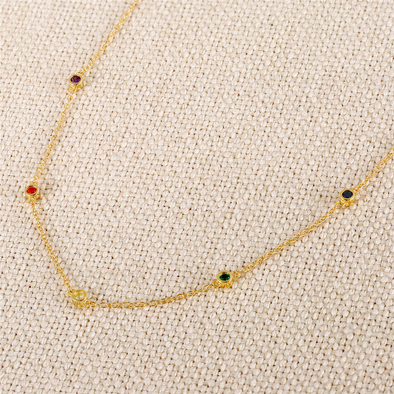 Gold Plated 925 Sterling Silver Multicolor CZ Station Necklace for Women