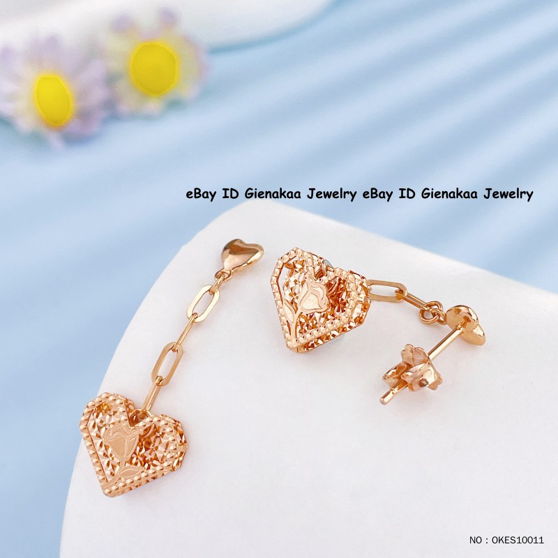 Real Au750 Pure 18K Rose Gold Lucky Carved Shiny Heart Dangle Earrings 2.2-2.3g