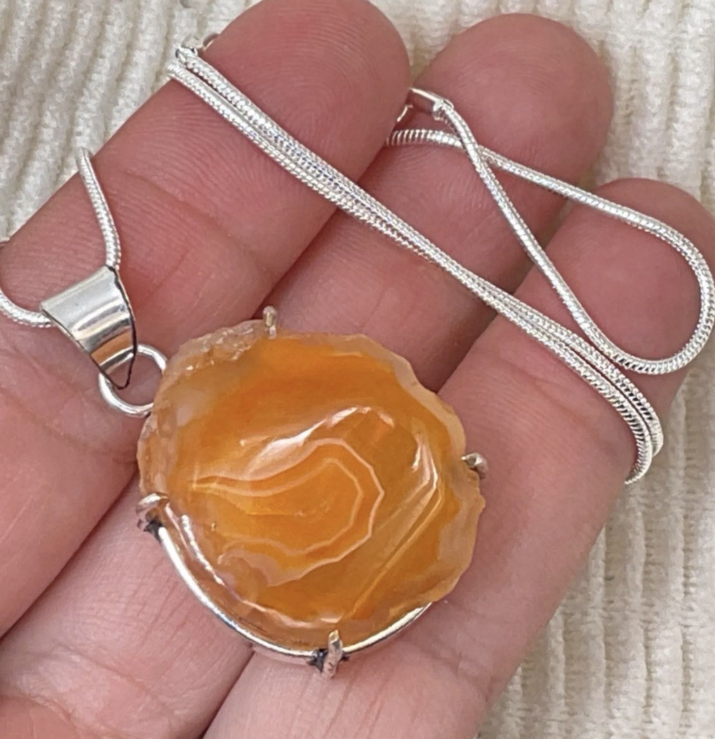 Sterling Silver plated Carnelian Agate Slice Pendant Necklace