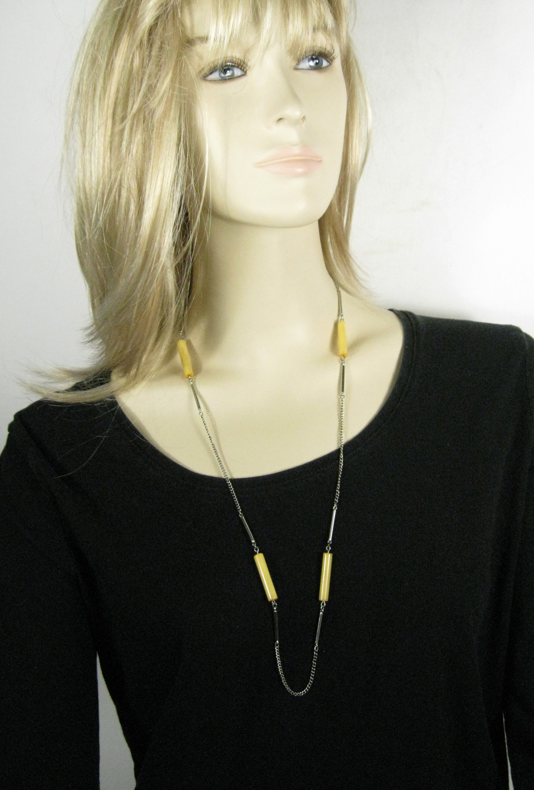 Necklace Strand String Silvertone Chain Yellow Plastic Beaded 30 In Unsigned