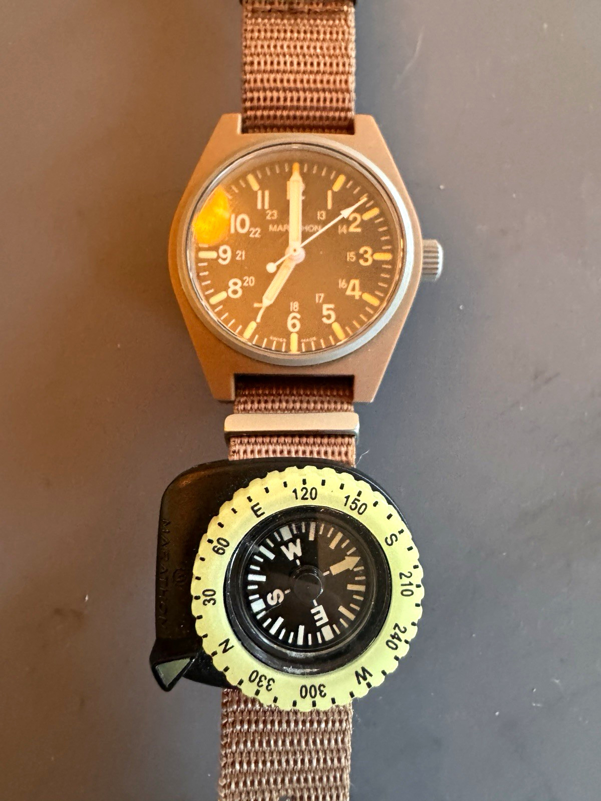Marathon Quartz Military Field Watch Black Dial Brown Nylon Strap Compass Bezel