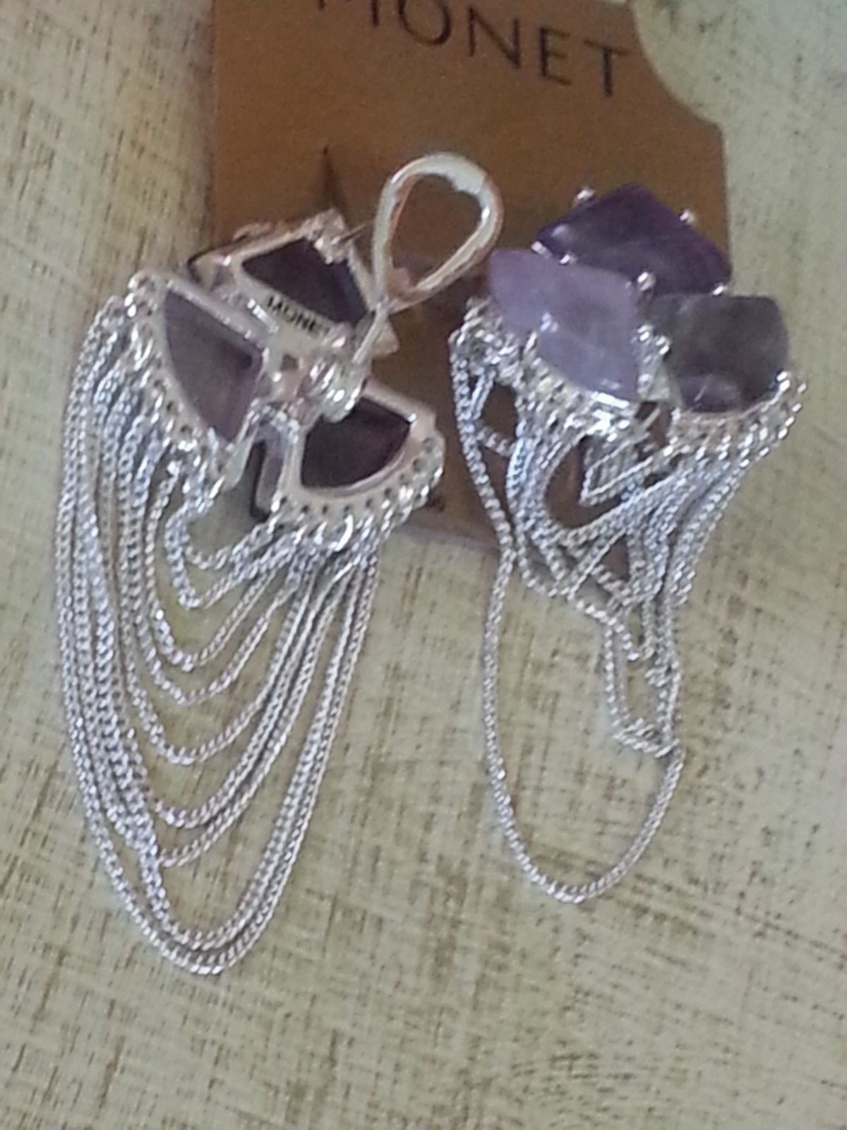 Monet Silver Plated Chain Swag & Three Triangle Amethyst Stones Pierced E’rings