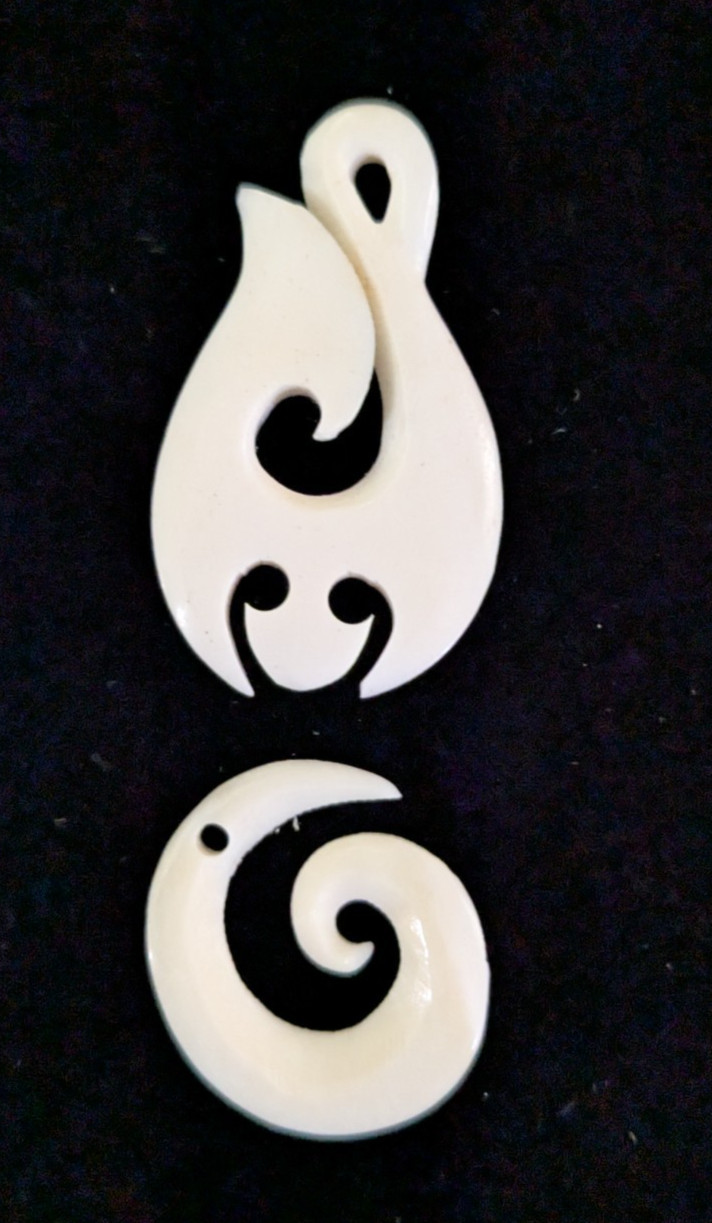 Two Water Buffalo Bone PENDANTS Hand Carved-Maori style Fish Hook & Koru Symbol