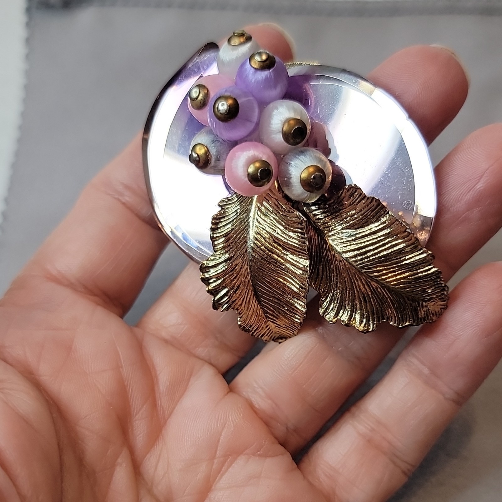 Vtg 1950s Lavender Mirror Back Brooch Satin Silk Thread Wrapped Berry Grape Pin