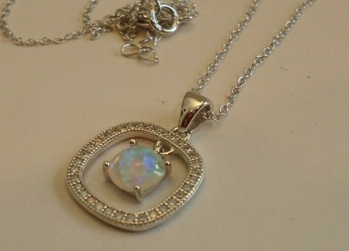 OPEN ROUND SQUARE NECKLACE PENDANT W/LAB ACCENTS & OPAL / 925 STERLING SILVER