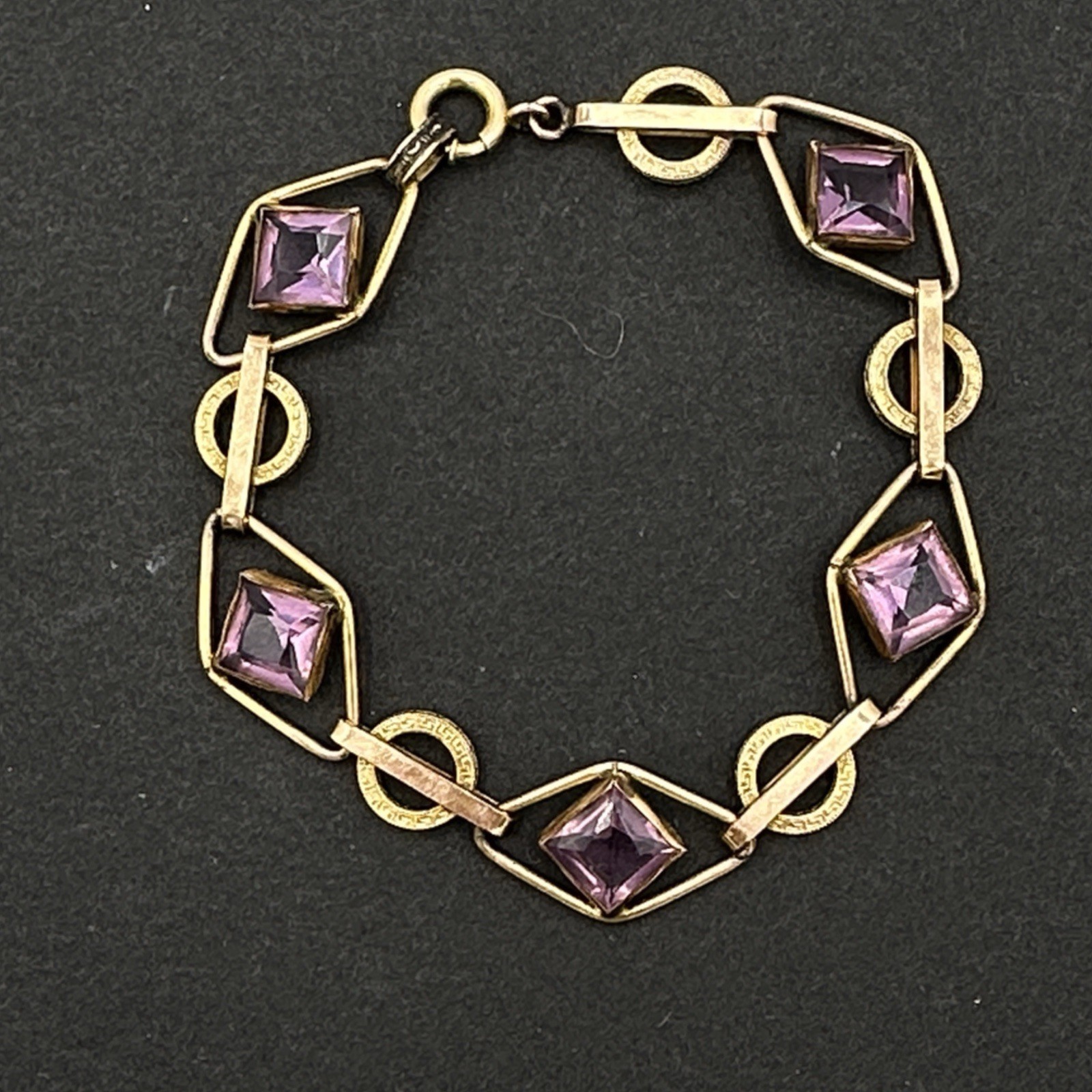 ART DECO 12K gold-filled bracelet – vintage purple amethyst glass embossed links