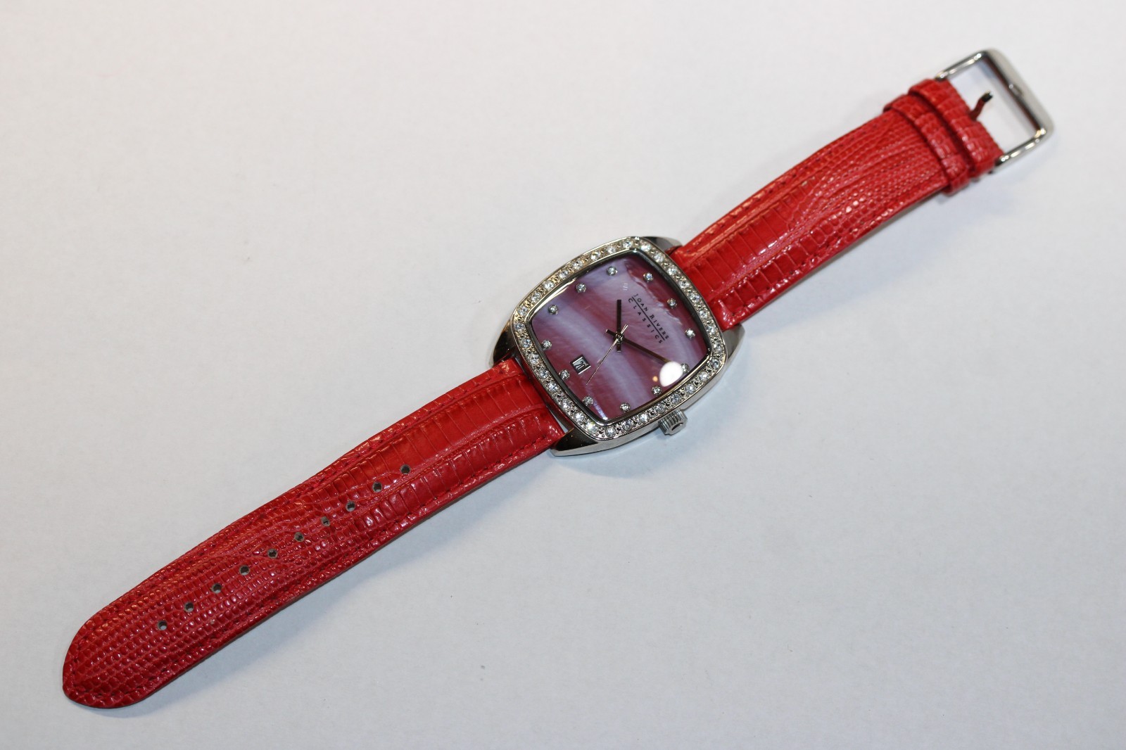 Joan Rivers Classics Watch Womens RED Leather Silver Tone Crystals V377 New Bat