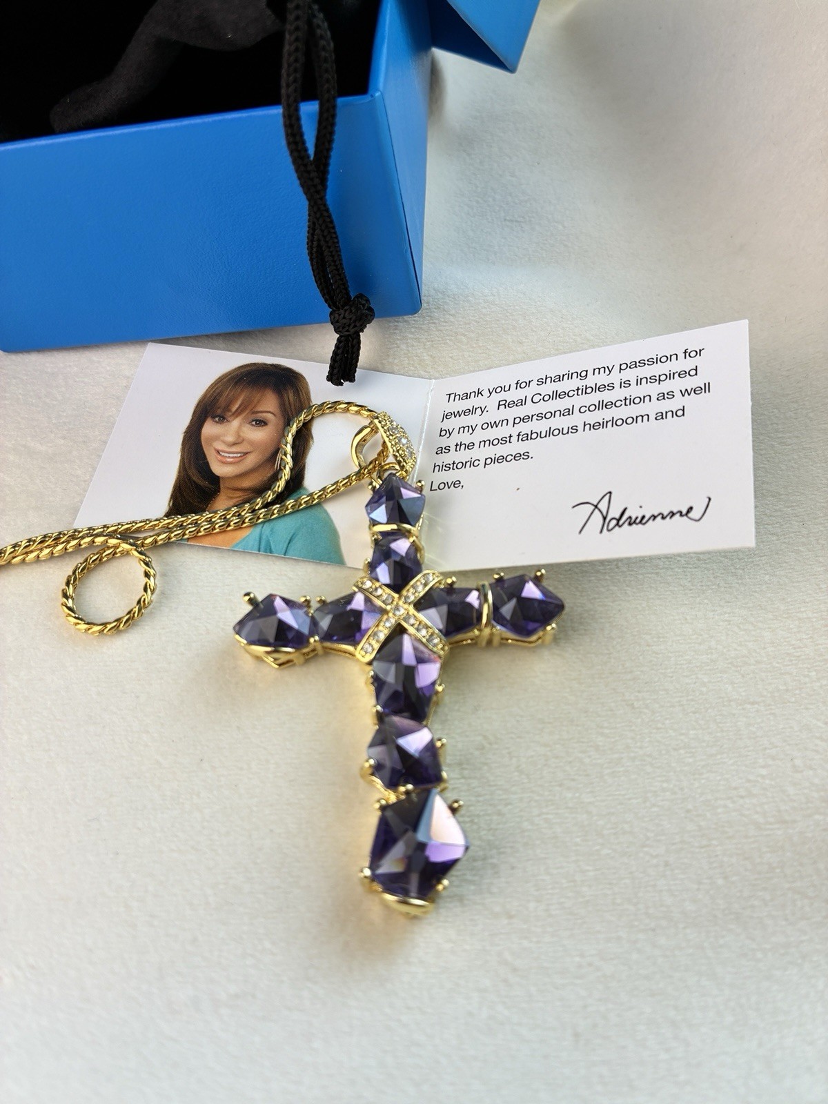 Real Collectibles Adrienne Amethyst Crystal Cross Necklace Gold HSN Box & Card