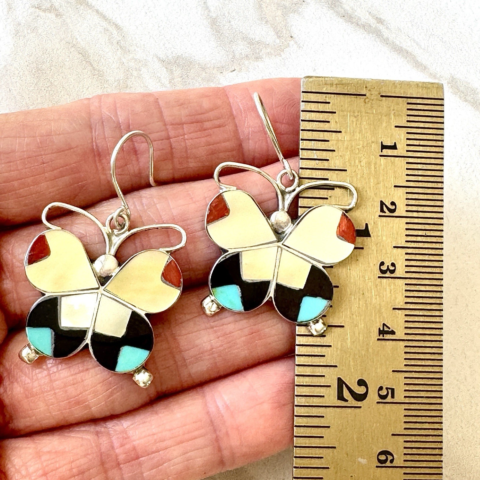Zuni Butterfly Turquoise Earrings Multi Stone Inlay Signed Dishta Sterling Bug