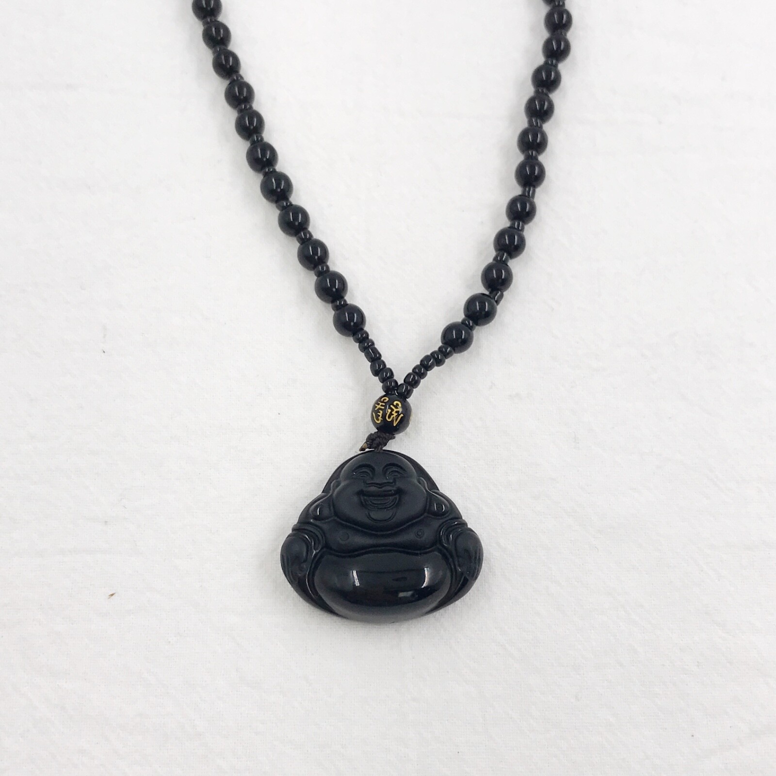 Natural obsidian laugh buddha Amulet crystal necklace with adjustable bead chain