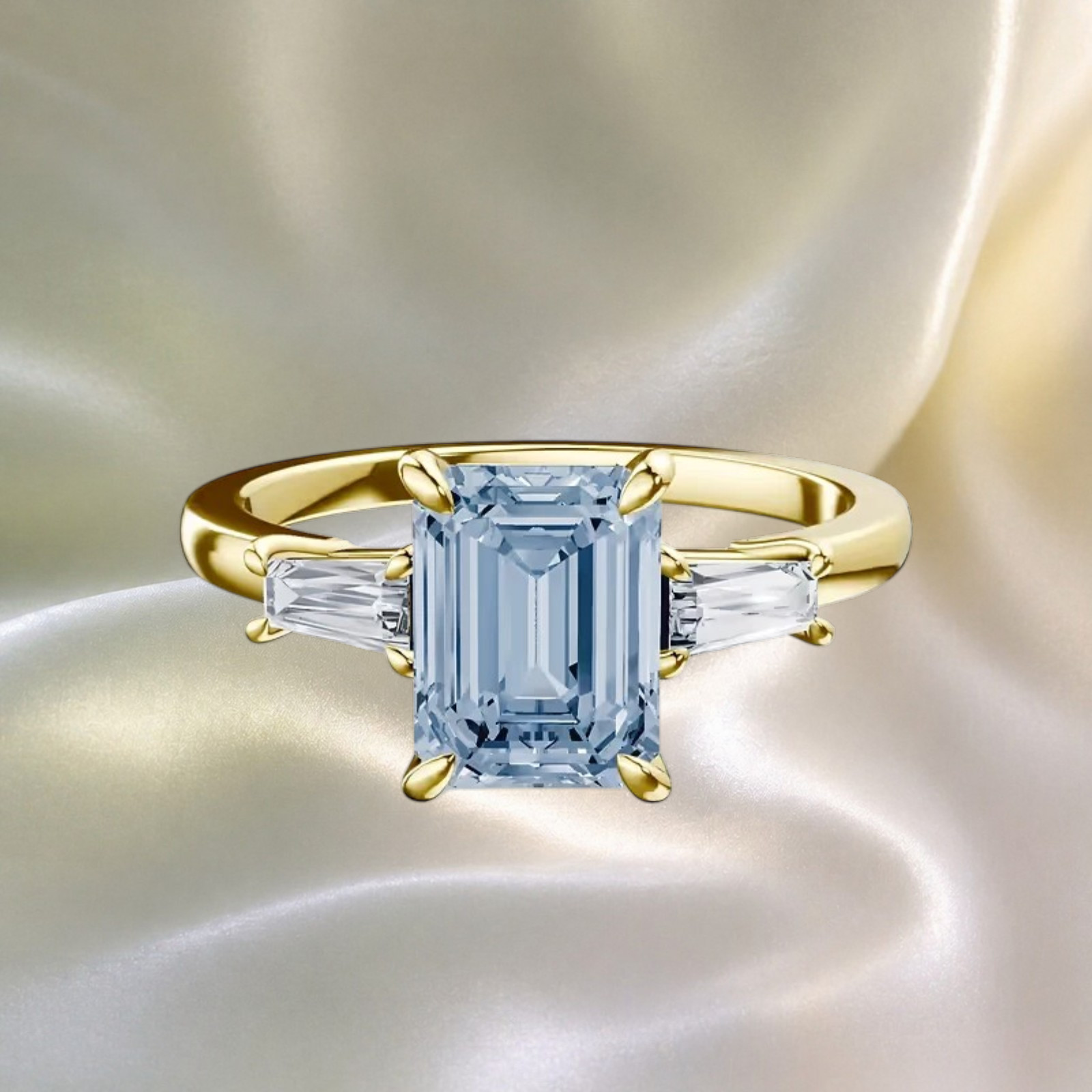 Fancy Vivid Blue Diamond Ring IGI Lab Grown 3.20 Ct Emerald Cut 14k Yellow Gold